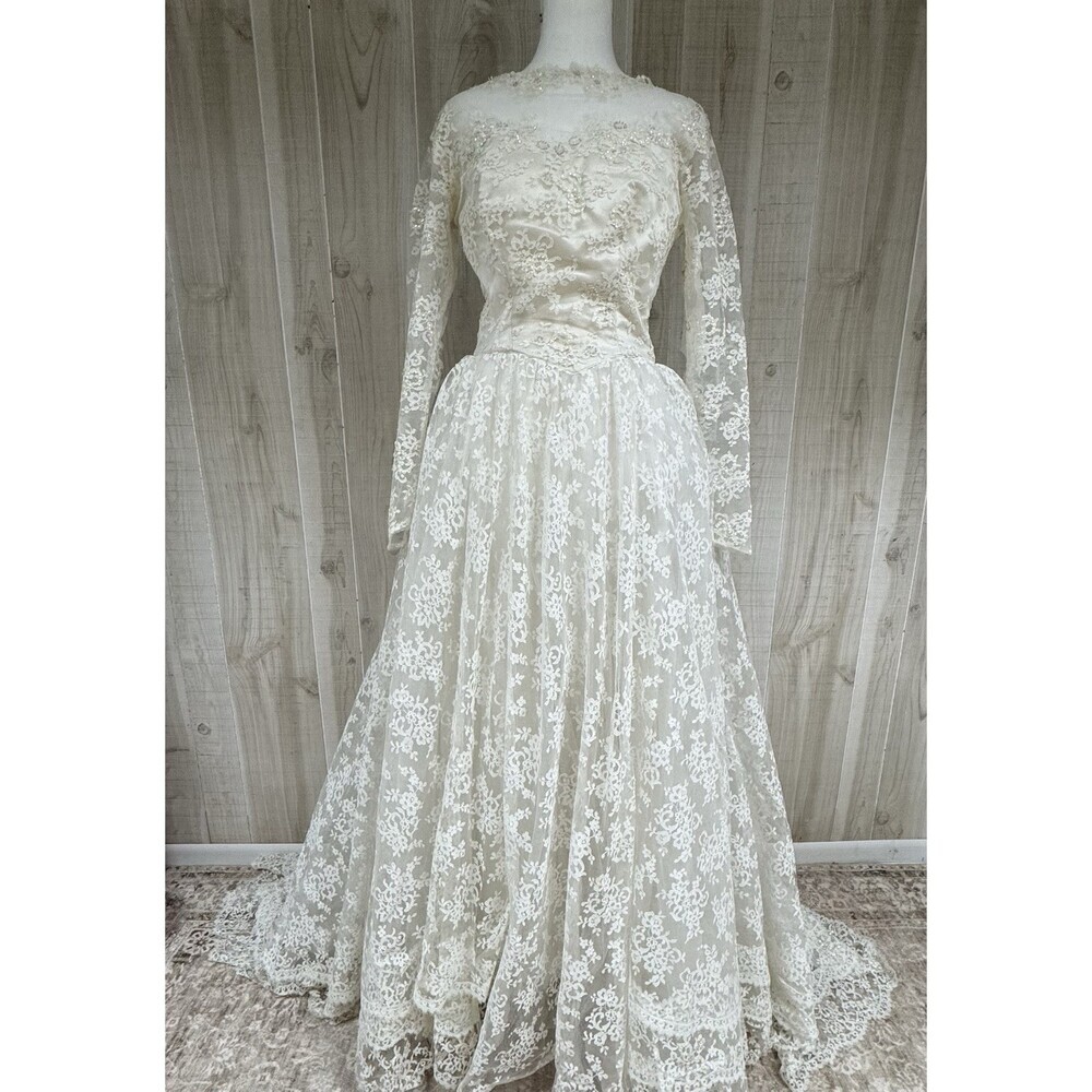 VTG Maurer Original Lace Bridal Gown Romantic Long Sleeve Illusion Train Wedding